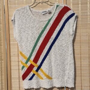 VINTAGE Manor Park Cos Cob Sz M Top Sweater White Red  Yellow Green Blue Stripe